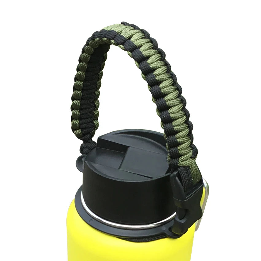 A yellow water bottle with a green paracord strap attached.