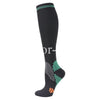 Black graduated compression socks with a teal stripe and patterned toe area