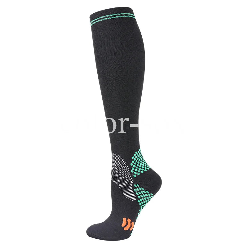 Black graduated compression socks with a teal stripe and patterned toe area
