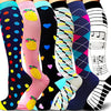 A collection of colorful compression elastic socks in various patterns and colors.