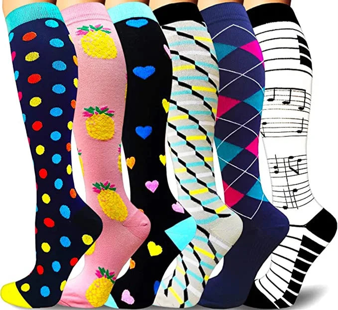 A collection of colorful compression elastic socks in various patterns and colors.