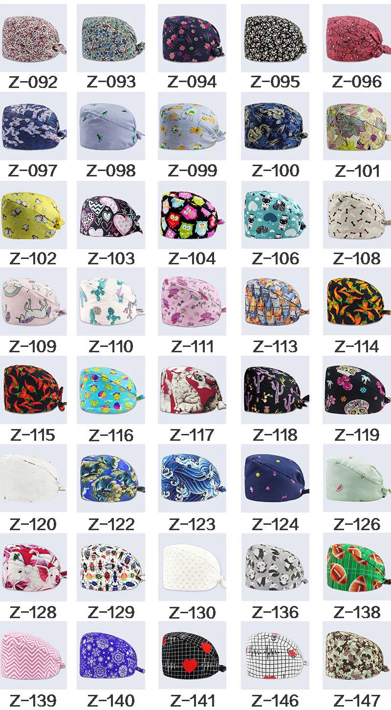 A grid of various printed cotton surgical caps for medical professionals in different colors and patterns.