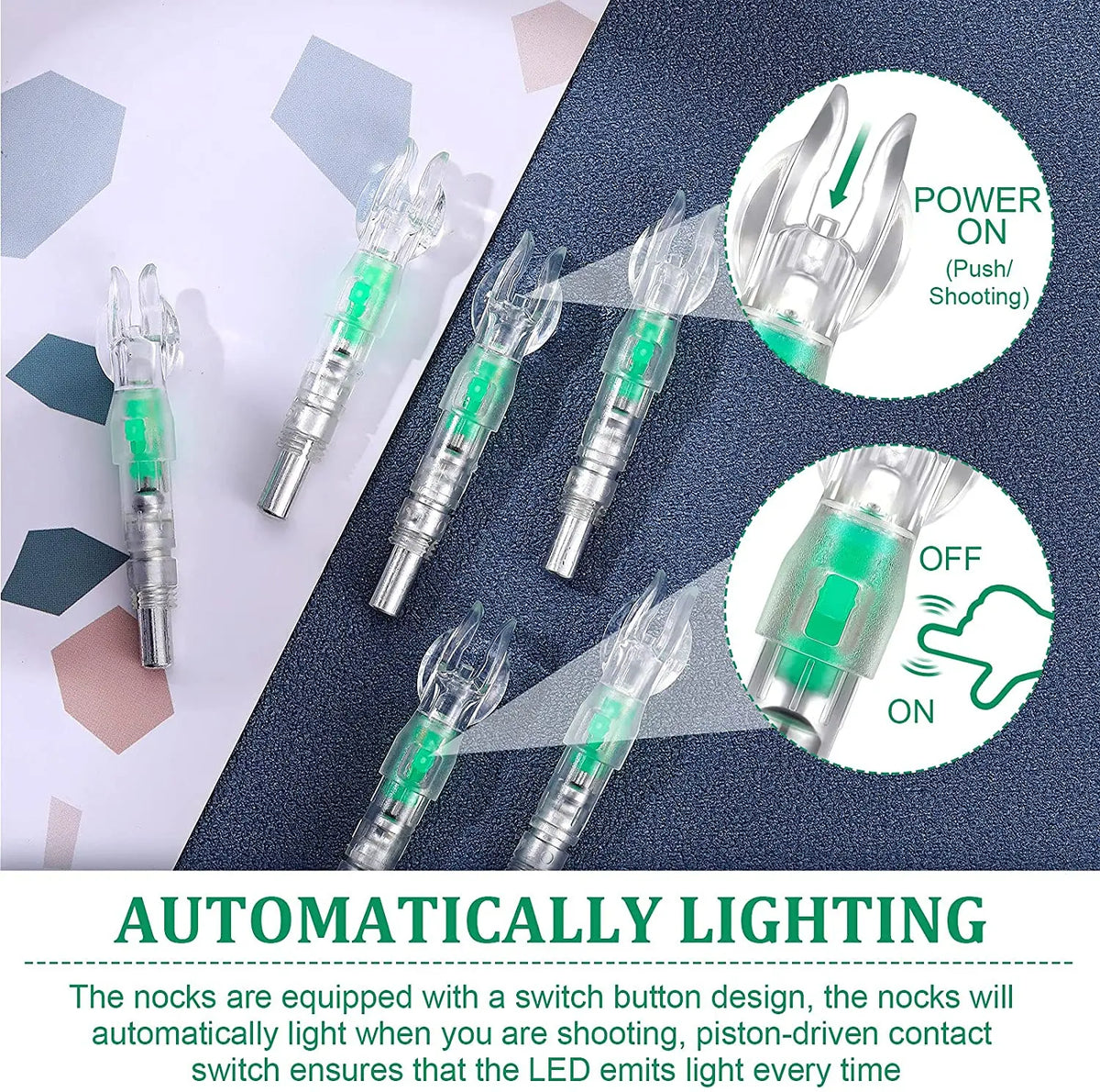 Automatic lighting lighted arrow nocks for archery showing on and off switch function