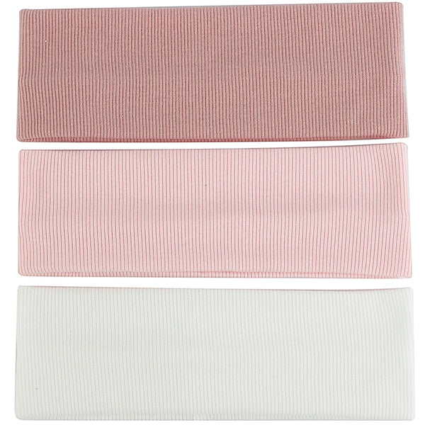 Trois bandeaux de tête en coton tricotés, roses et blancs