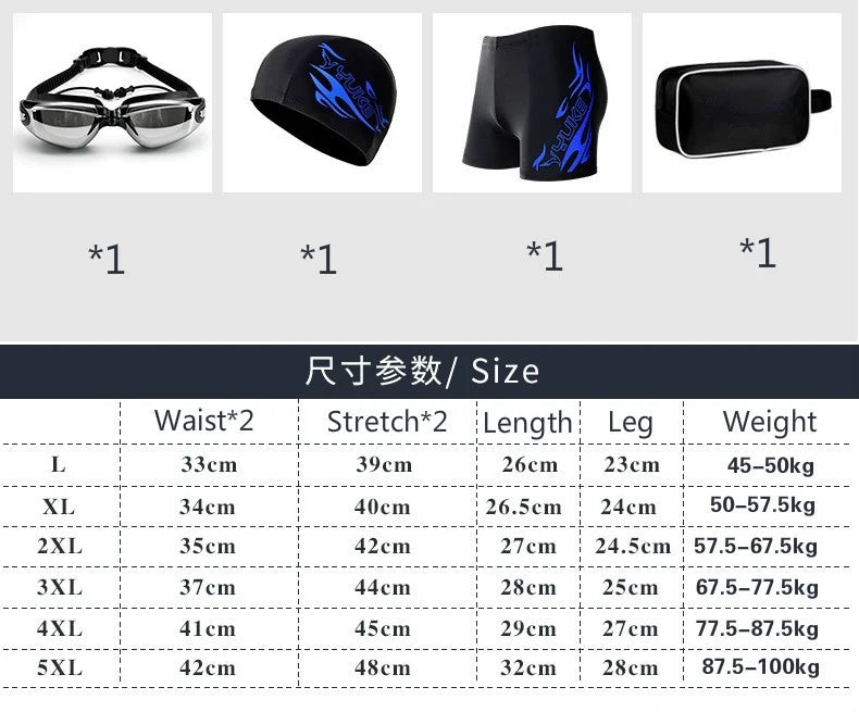 A set of men's swim gear including goggles, a cap, and earplugs displayed in separate boxes.