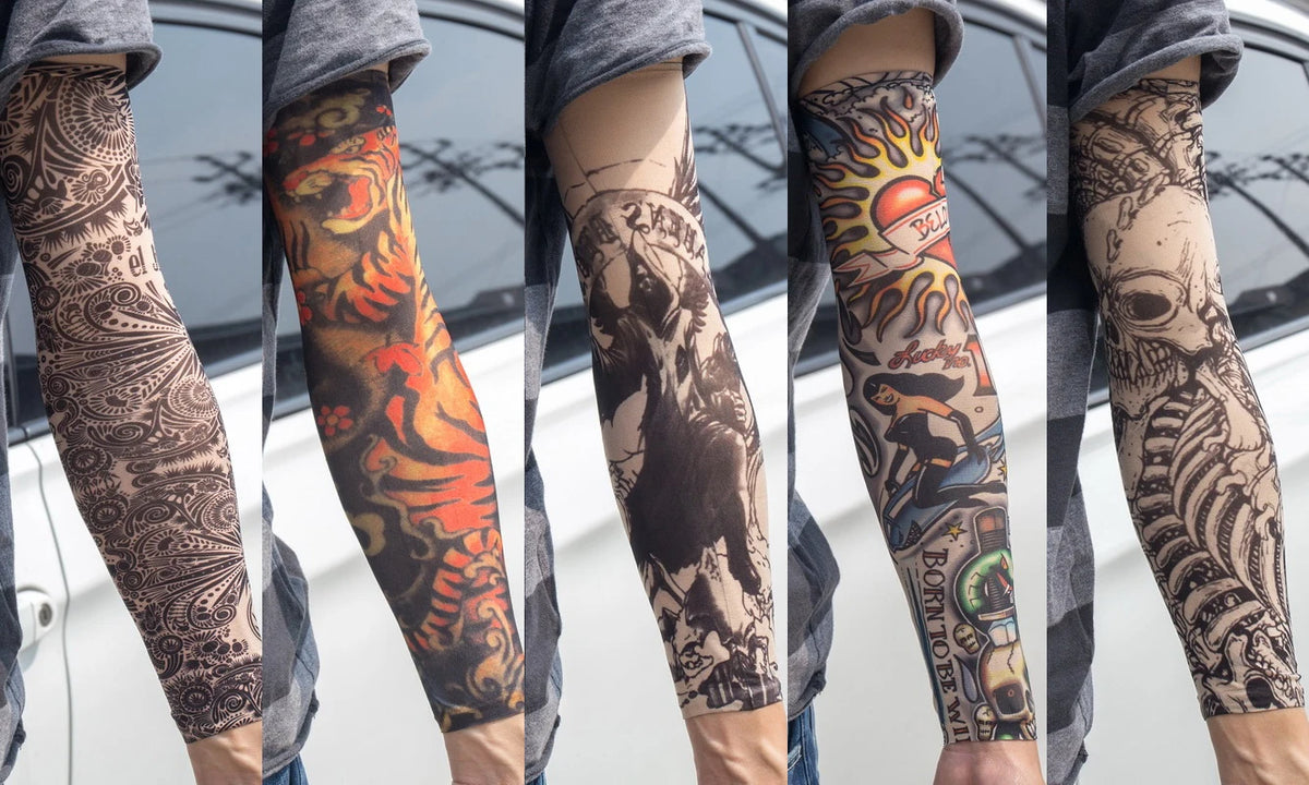 Close-up of a person wearing reusable UV protection tattoo arm sleeves featuring intricate black and orange designs on their 
