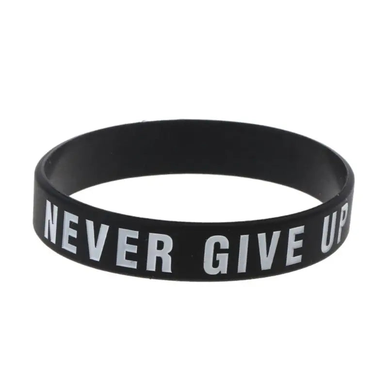 Black silicone elastic bracelet with the text NEVER GIVE UP printed in white.