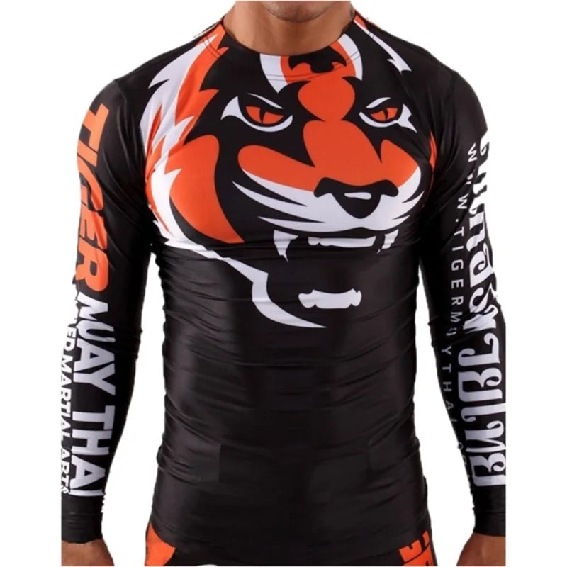 Black long-sleeved shirt featuring a tiger head design in orange and white.