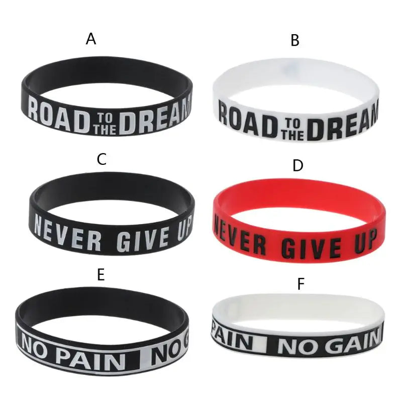 Six motivational silicone elastic bracelets labeled A through F with various phrases like Road to Dream and Never Give Up