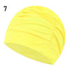 Yellow elastic nylon turban swimming cap shown from the side.