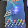 A set of lighted arrow nocks for archery displayed on a blue card.