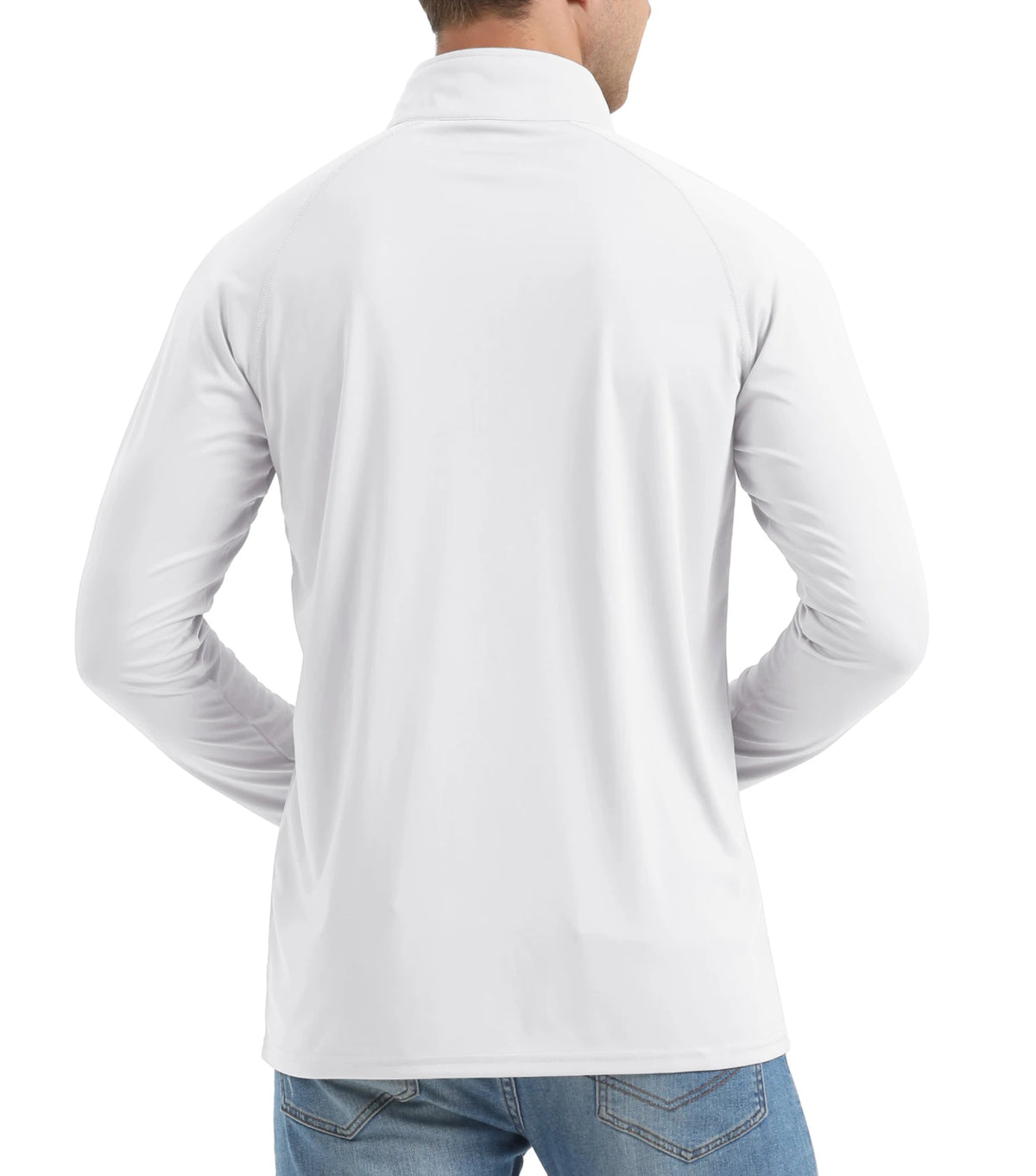 Back view of a white men's lightweight UV protection long sleeve shirt