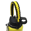 A close-up of a yellow water bottle with a black and yellow paracord strap attached.