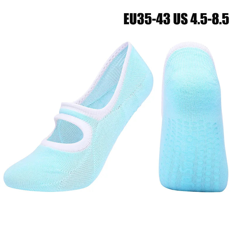 Light blue breathable women's pilates and yoga socks shown from the side and top view.