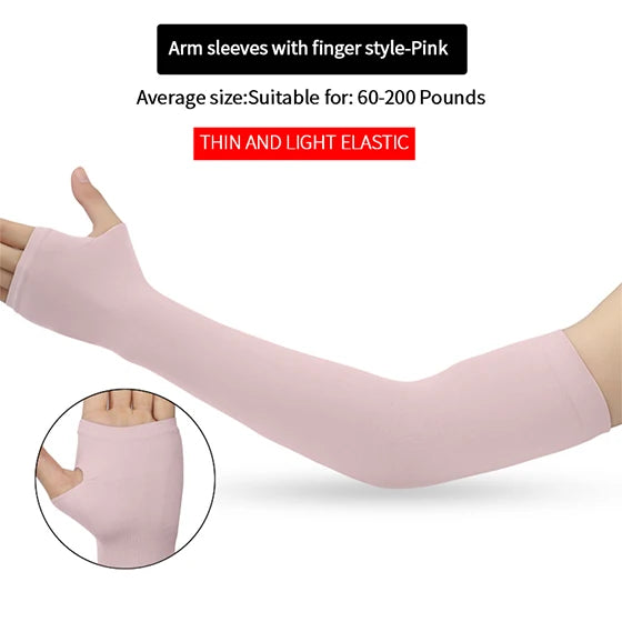 Light pink fingerless arm sleeves shown on a hand and arm, demonstrating the fit.