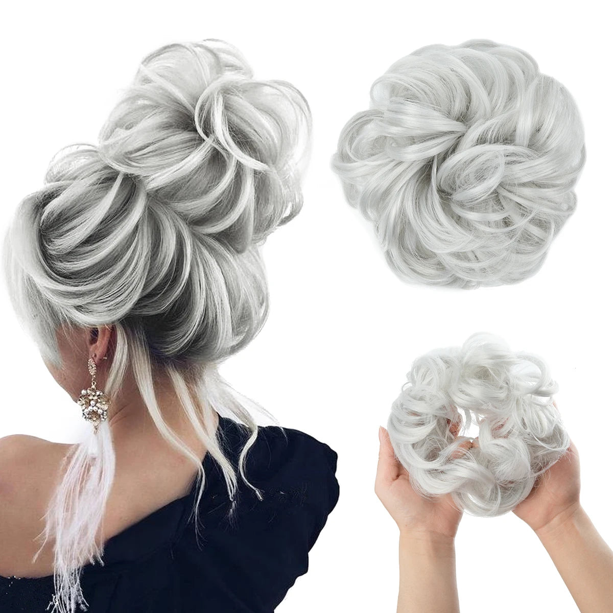 Silver messy curly hair bun extensions styled in an updo