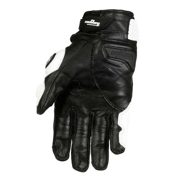 Black genuine leather motorcycle riding gloves with white lining