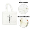White canvas tote bag with a cross design featuring the word Jesus, shown with and without a liner pocket.