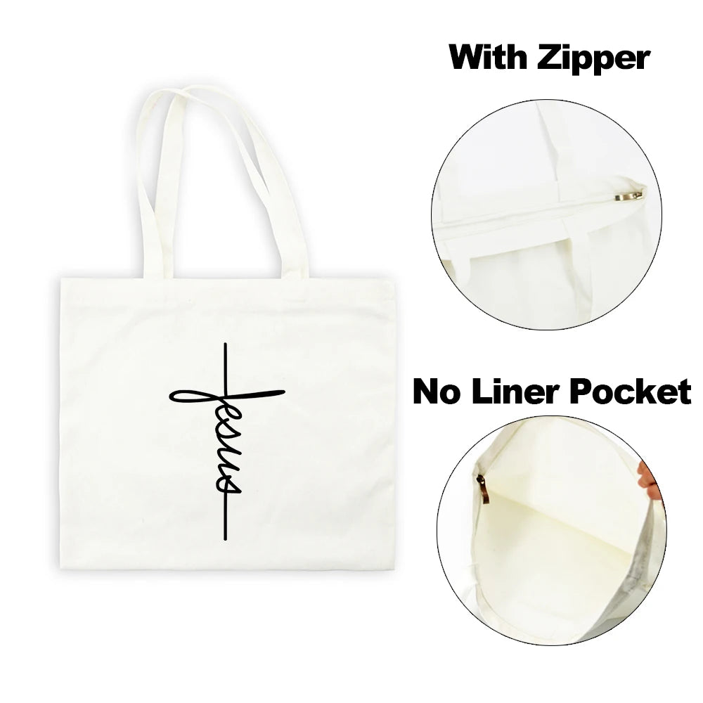 White canvas tote bag with a cross design featuring the word Jesus, shown with and without a liner pocket.