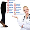 A woman in a white lab coat demonstrates medical grade compression socks for veins and circulation.