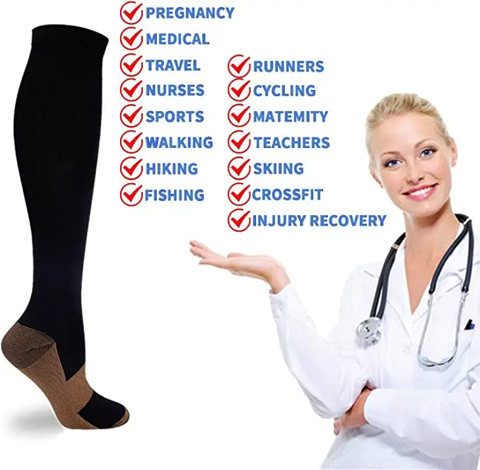 A woman in a white lab coat demonstrates medical grade compression socks for veins and circulation.