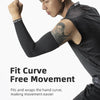 A close-up of a person wearing black Nike arm sleeves demonstrating fit curve free movement.