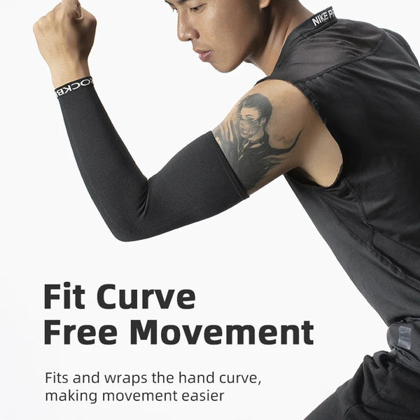 A close-up of a person wearing black Nike arm sleeves demonstrating fit curve free movement.