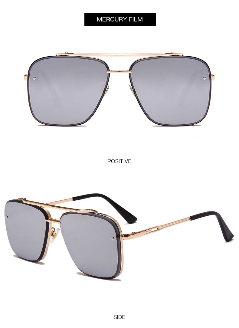 Gafas de metal cuadradas gris plateado, mostradas desde la vista frontal y lateral.