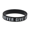 Black silicone elastic bracelet with the text NEVER GIVE UP printed in white.