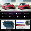 A red sports car is shown before and after using polarized dubey sunglasses, highlighting features like true presentation, so