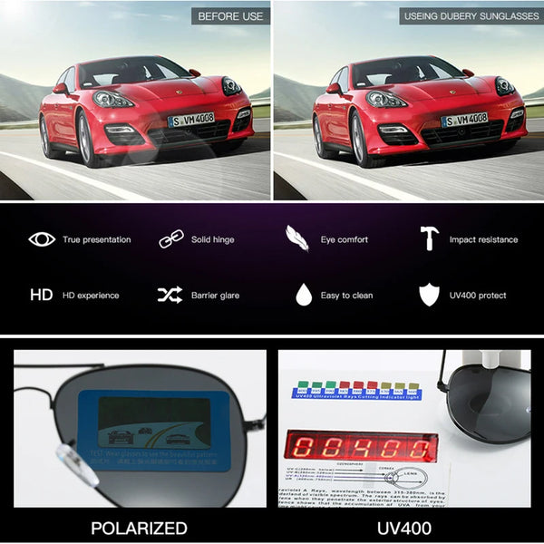 A red sports car is shown before and after using polarized dubey sunglasses, highlighting features like true presentation, so