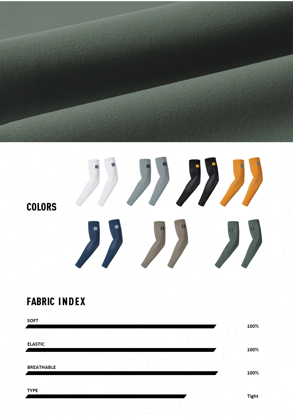 Eine Kollektion von UV-Schutz-Sport-Armschlägen in verschiedenen Farben und Typen, präsentiert vor grauem Hintergrund.