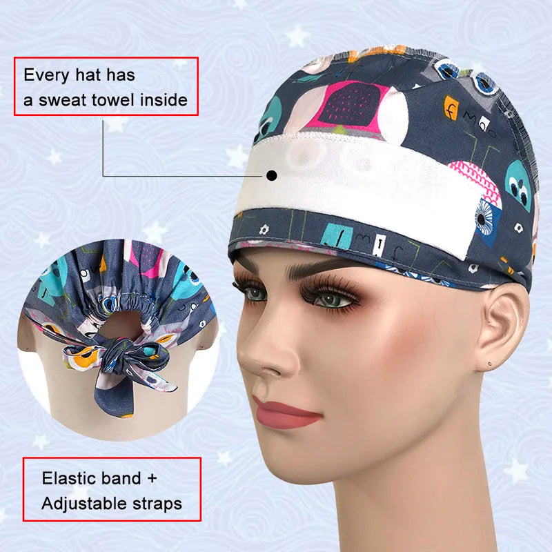 A woman is wearing a printed cotton surgical cap with an elastic band and adjustable straps.
