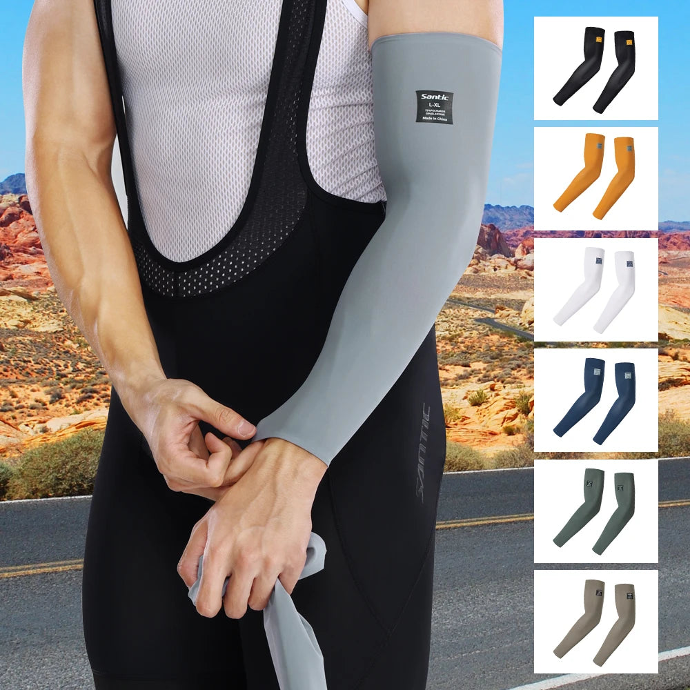 Person in black athletic wear demonstrates UV protection sports arm sleeves in various colors and styles
