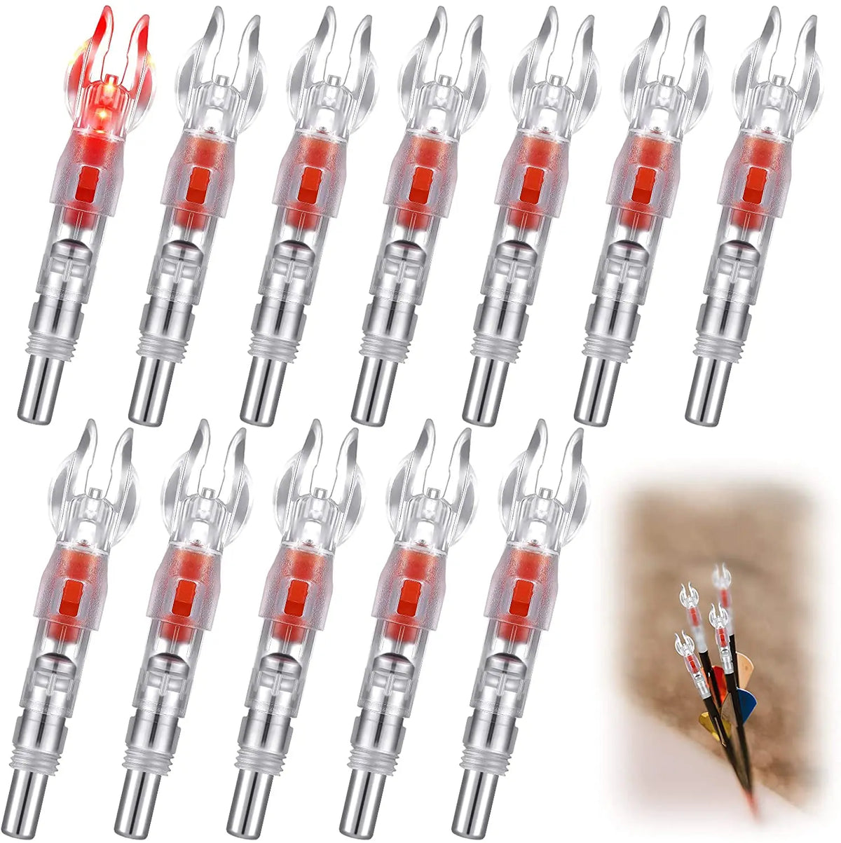 A collection of lighted arrow nocks for archery, shown in various orientations and close-ups.