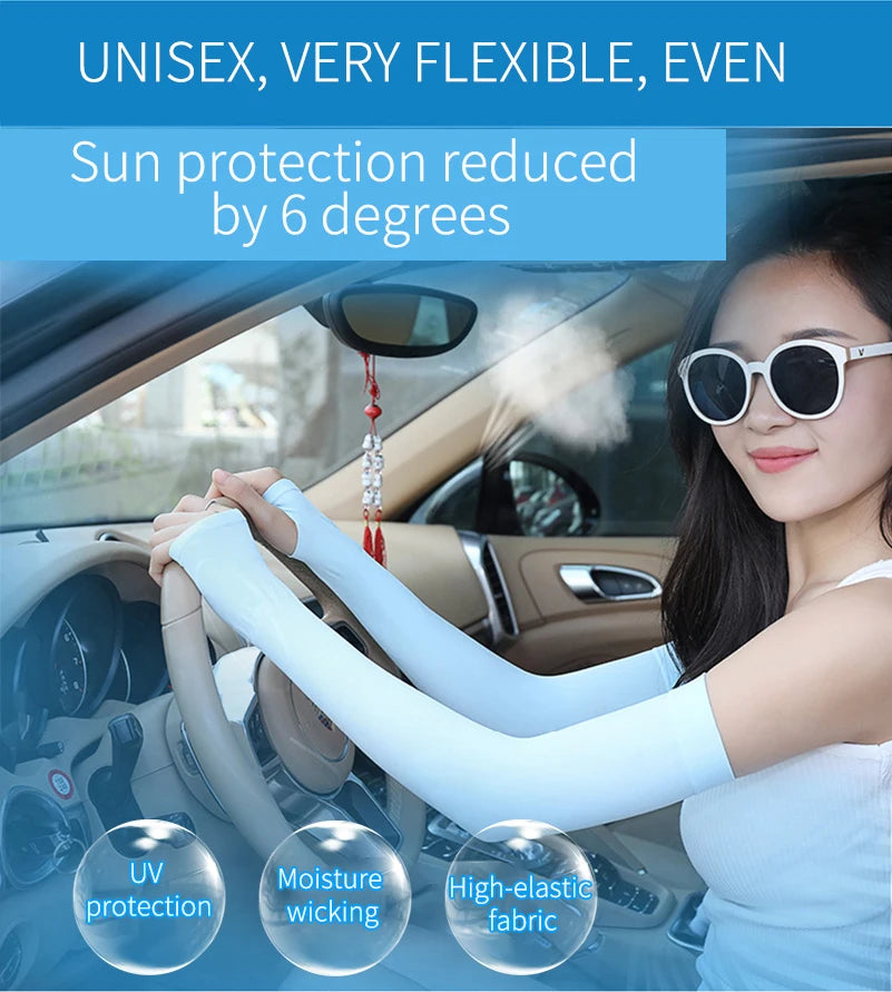 A woman wearing white fingerless arm sleeves for sun protection inside a car.
