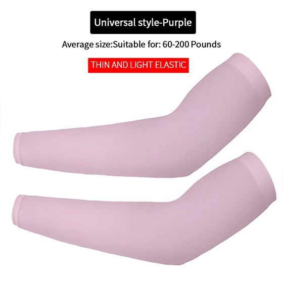 A pair of thin and light elastic purple fingerless arm sleeves shown in two views.