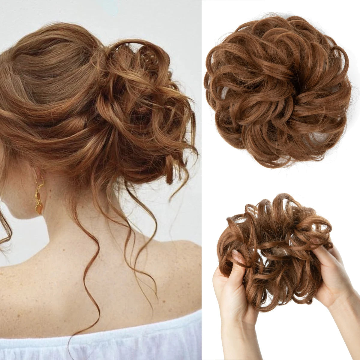 A close-up of messy curly hair bun extensions styled in an updo, showing the texture and volume.