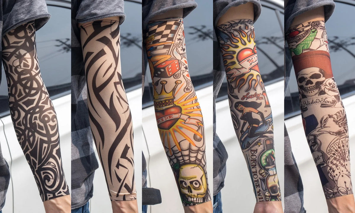 Close-up of a person wearing colorful, patterned reusable UV protection tattoo arm sleeves on their forearm.