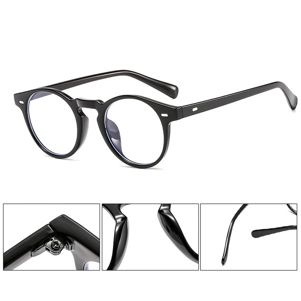Black square frame glasses for men shown with close-up views of the hinge and temple
