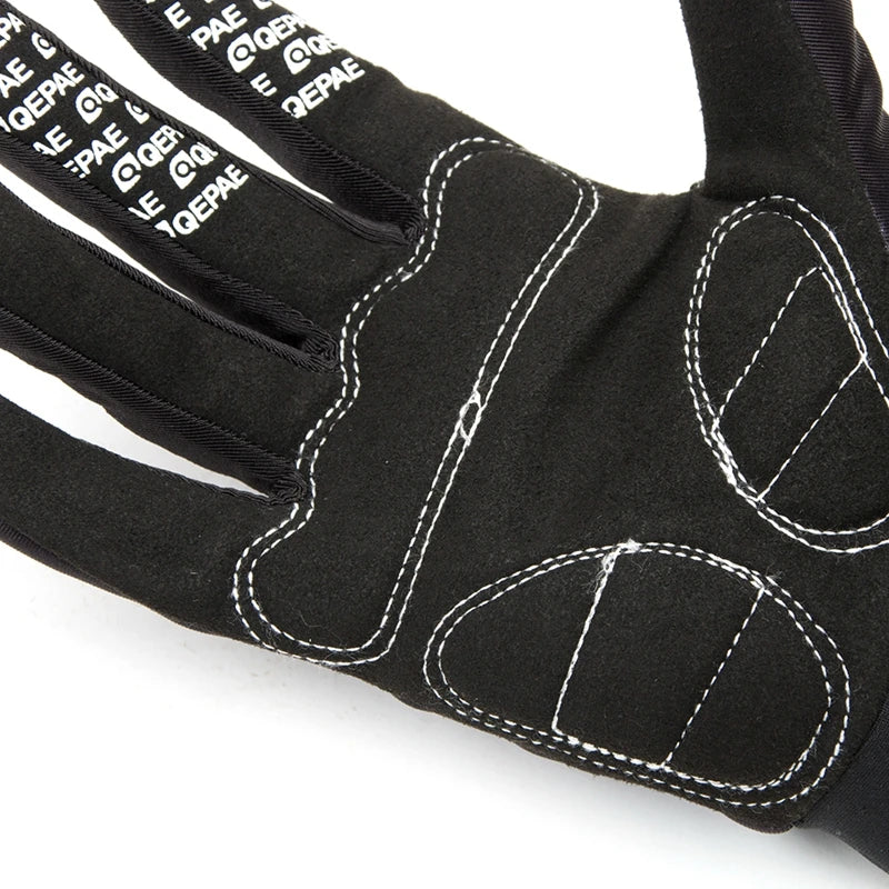 Black cycling gloves with white skeleton print detailing on the palm and fingers