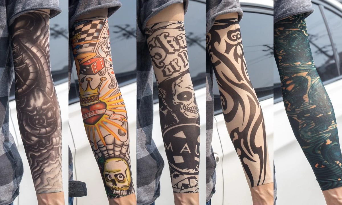 Close-up of a person wearing dark grey UV protection tattoo arm sleeves with intricate black and grey designs.