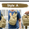 A close-up view of a tan tactical sling backpack being worn by a person.
