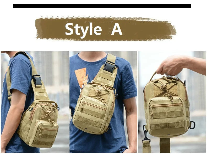 A close-up view of a tan tactical sling backpack being worn by a person.
