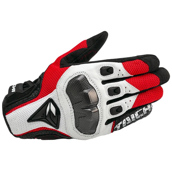 A pair of red and black genuine leather motorcycle motocross gloves shown from above.