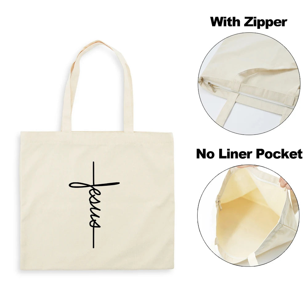 A beige canvas tote bag featuring a black cross design, shown with and without a zipper and a liner pocket.