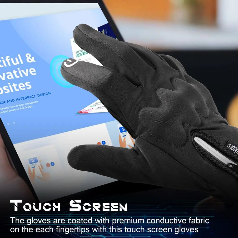 A hand wearing black touch screen gloves is shown interacting with a laptop display.