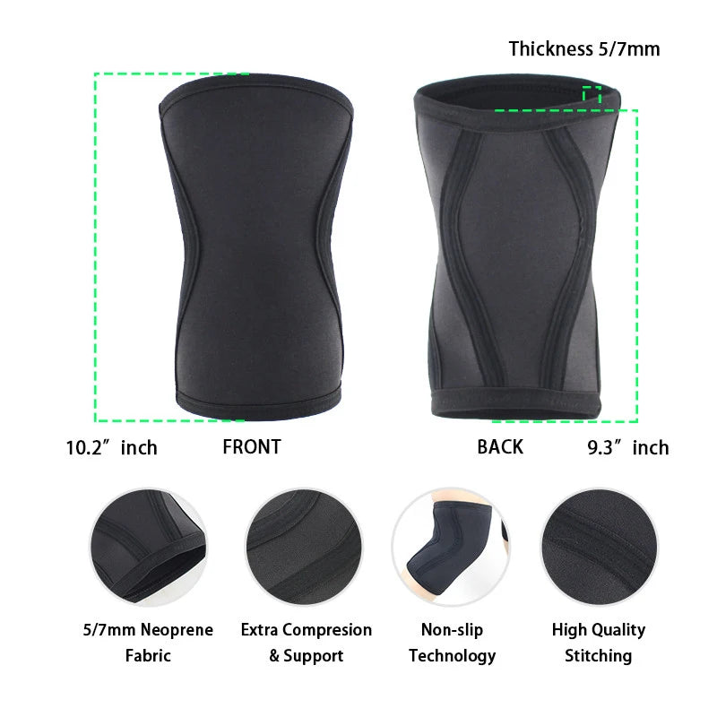 Manches de genou noirs, avec tissu néoprène 5/7mm, compression et technologie antidérapante.