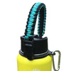 A black paracord strap is attached to a yellow water bottle for hiking and travel.