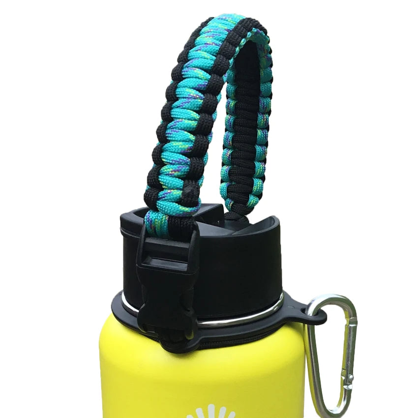 A black paracord strap is attached to a yellow water bottle for hiking and travel.